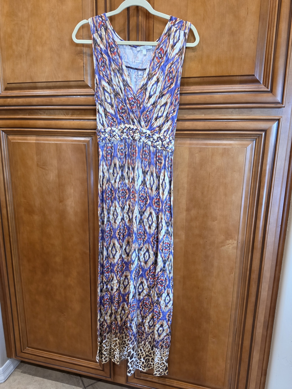 Spense Modern Geometric Knit V Neck Woven Braided Waist Detail Size M EUC